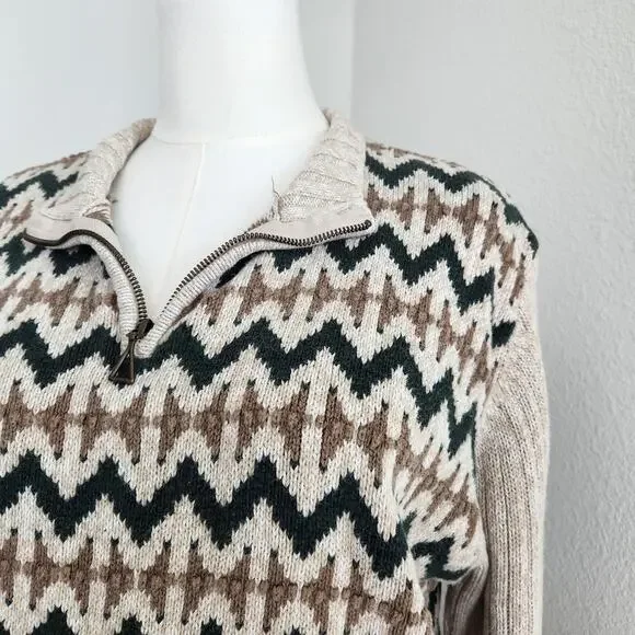 Vintage 90s Christopher & Banks Tan Green Southwestern Knit Quarter Zip Sweater - Picture 3 of 10